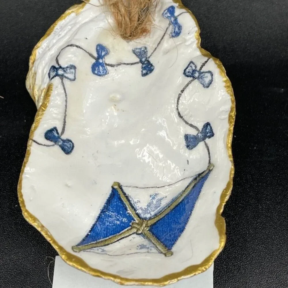 Decoupage Oyster Shell Ornament Decoupage Trinket Dish BLUE KITE